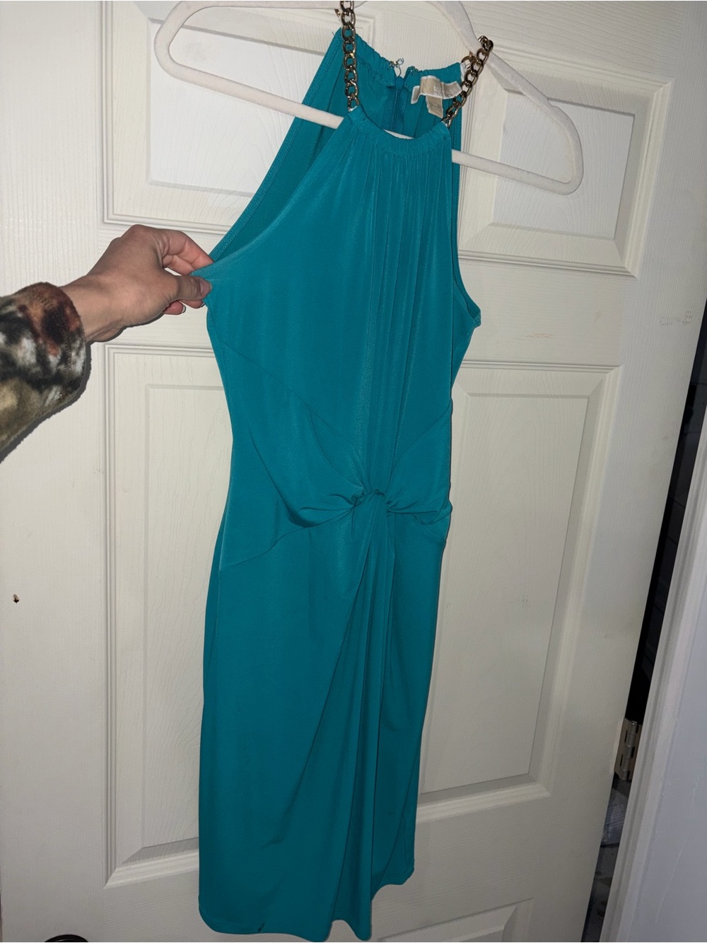 Michael Kors Teal Halter Midi Dress with Chain Neckline